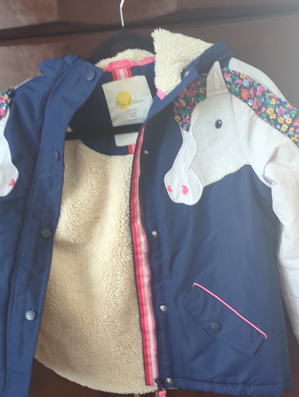 Mini Boden Navy Unicorn Puffer Jacket with Cream Sherpa Lining